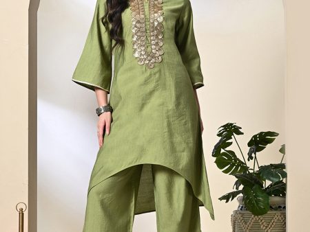 Myshka Women s Embroidered Keyhole Neck Bell Sleeves Kurta & Palazzos Sets in Green Color Supply