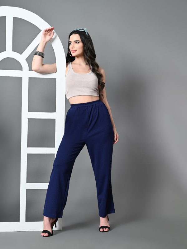 Myshka Women s Solid Ribbed High-Rise Wide Leg Casual Trousers in Navy Blue Color Discount