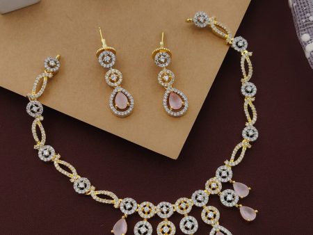 Light Pink Partywear American Diamond Gold Plated Necklace Set By House of Ree Discount