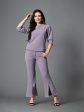 Myshka Lavender Solid Boat Neck Casual Top With Trousers Co-ord set Fashion