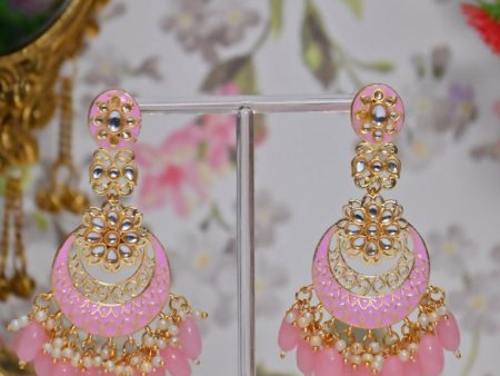 Pink Gold Plated Beautifully Enamelled Stylish Kundan & Pearl Dangle Women Earrings|Meenakari Chandbali Traditional Ethnic Wear Earrings By House of Ree Discount