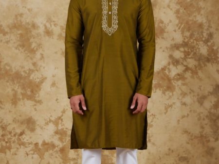 Bluesaanchi Men s Handloom Embroidered Field Drab Kurta Set Hot on Sale