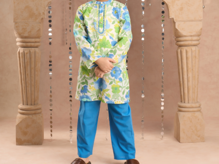 Lil Drama Jaipur Print Stylish Cotton Kurta with Pyjama Set for Boys - Green Hot on Sale