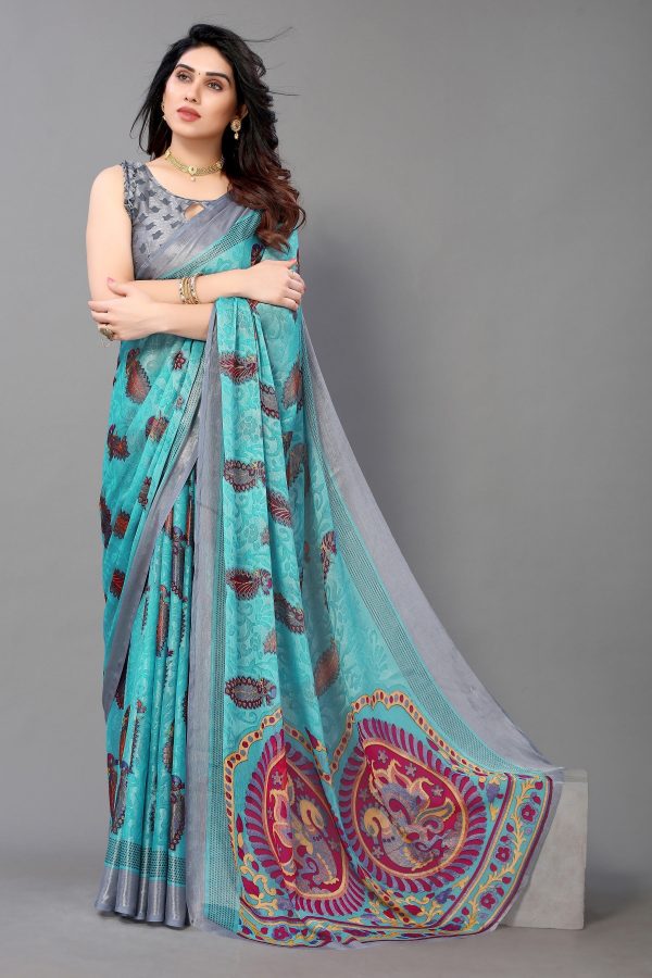 NOZ2TOZ Women Party Wear Printed Brasso Chiffon Saree with Unstitched Blouse - Firozi Online Sale