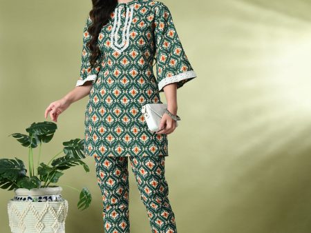 Myshka Women s Cotton Printed Co-ord set in Green Color For Sale