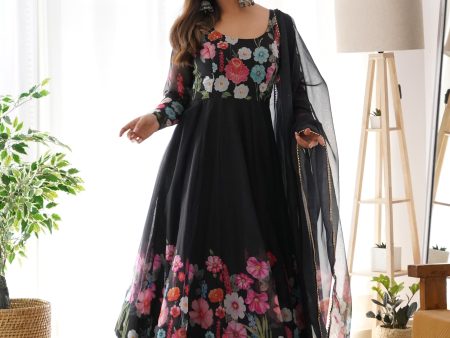 Lorenvalley Fashion Black Soft Organza Silk With Floral Print Fully Flared Anarkali Pant With Dupatta Set - Black Online Sale