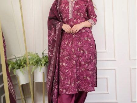 Indian Fashion Women Wine Embroidery Viscose Rayon Kurta, Pant And Dupatta Set Online