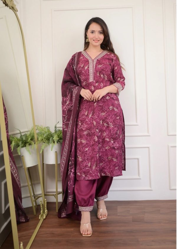 Indian Fashion Women Wine Embroidery Viscose Rayon Kurta, Pant And Dupatta Set Online