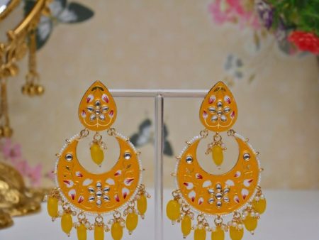 Yellow Gold Plated Brass & Pearl Dangle Women Earrings| Hand Painted Meenakari Chandbali Traditional Ethnic Wear Earrings By House of Ree For Cheap