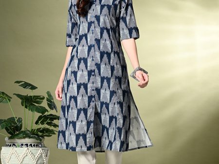 Myshka Women s Cotton Printed A-Line Kurta in Navy Blue Color on Sale