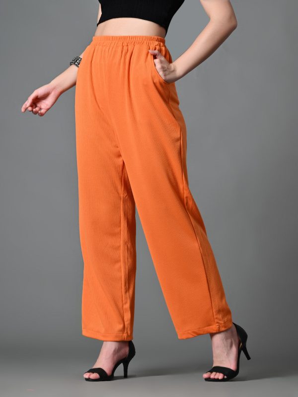 Myshka Women s Solid Ribbed High-Rise Wide Leg Casual Trousers in Orange Color Supply