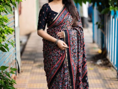 Black Cotton Blend Ajrak Saree with Unstitched Blouse - A2M Fashion