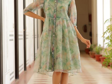 Vaasva Women Green Organza Marble Printed Dress on Sale