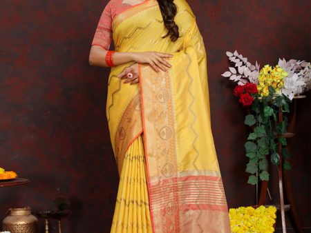 Lorenvalley Fashion Yellow Soft Katan Silk Woven Design Zari Weaving Pallu Saree Fashion