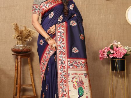 Lorenvalley Fashion Navyblue Soft Paithani Silk Woven Design Rich Meenakari Zari Weaving Pallu Saree Supply