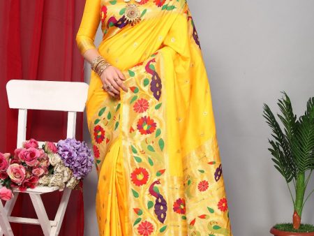 NOZ2TOZ Women Wedding Wear Zari Weaving Paithani Silk Saree with Unstitched Blouse - Yellow Online Sale