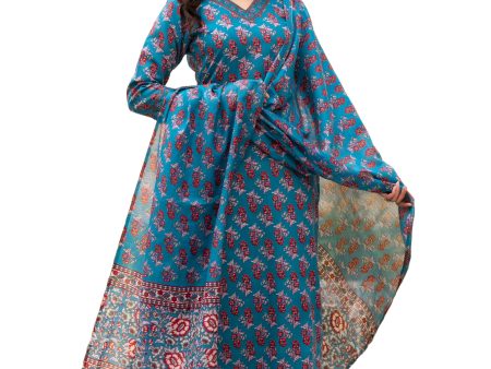 NOZ2TOZ Women Blue Floral Print, Embellished Viscose Rayon Kurta, Pant And Dupatta Set Sale