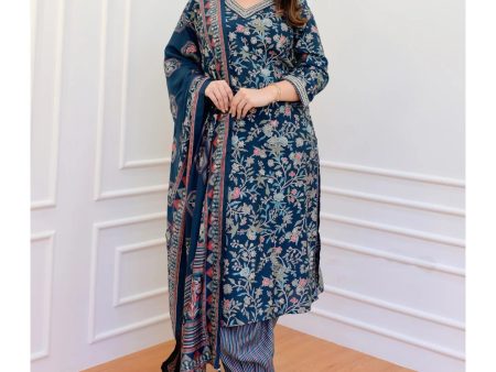 NOZ2TOZ Women Blue Printed Viscose Rayon Kurta, Pant And Dupatta Set For Sale