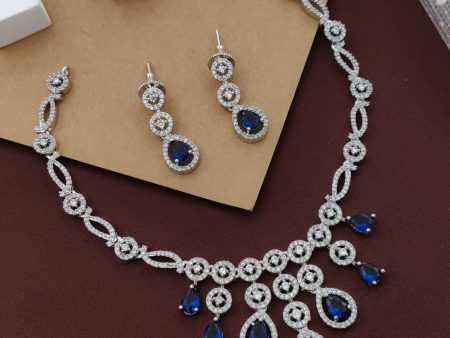 Royal Blue Partywear American Diamond Rhodium Plated Necklace Set By House of Ree For Sale