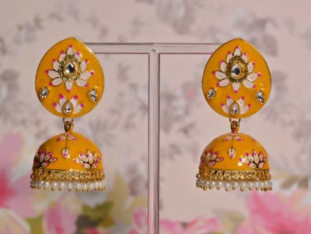 Yellow Hand Painted Ethnic Meenakari Jhumki Earrings By House of Ree Online