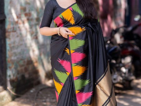 Black Polycotton Woven Design Saree with Unstitched Blouse - A2M Online