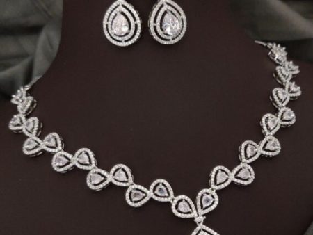 Silver Partywear American Diamond Necklace Set By House of Ree on Sale