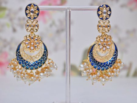 Blue Gold Plated Beautifully Enamelled Stylish Kundan & Pearl Dangle Women Earrings|Meenakari Chandbali Traditional Ethnic Wear Earrings By House of Ree Fashion