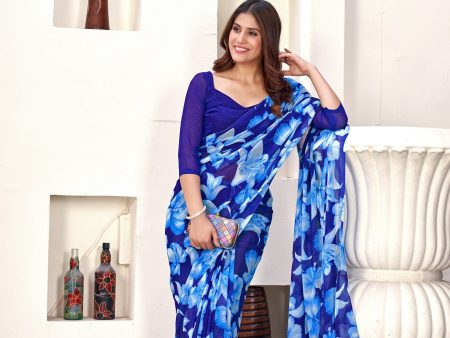 NOZ2TOZ Women Casual Wear Printed Weight Less Saree with Unstitched Blouse - Blue For Sale