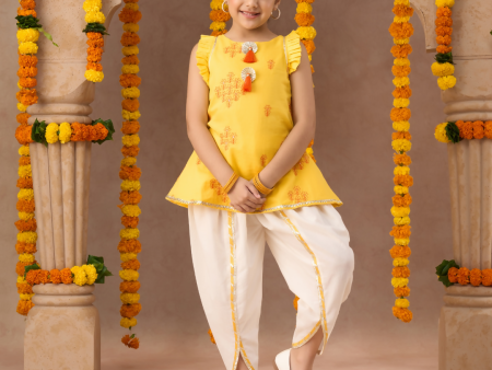 Lil Drama Janmashtami Girls Yellow Cotton Kurta and White Dhoti Ethnic Set Online