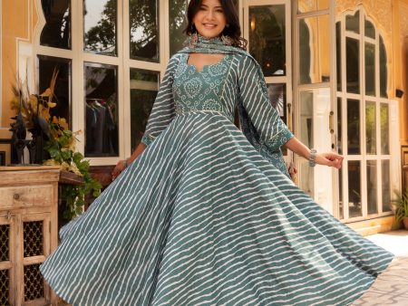 Pomcha Jaipur Gaurangi Dusty Blue Bandhej Leheriya Cotton Anarkali Set Hot on Sale