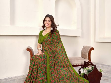 NOZ2TOZ Women Casual Wear Printed Weight Less Saree with Unstitched Blouse - Green For Discount