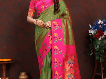 Lorenvalley Fashion Green Soft Paithani Silk Woven Design Rich Zari Meenakari Weaving Saree Supply