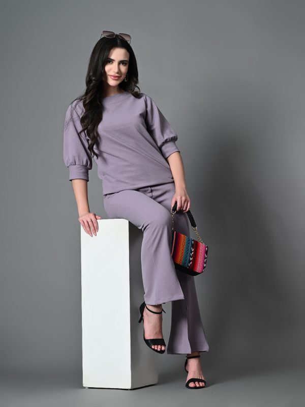 Myshka Lavender Solid Boat Neck Casual Top With Trousers Co-ord set Fashion