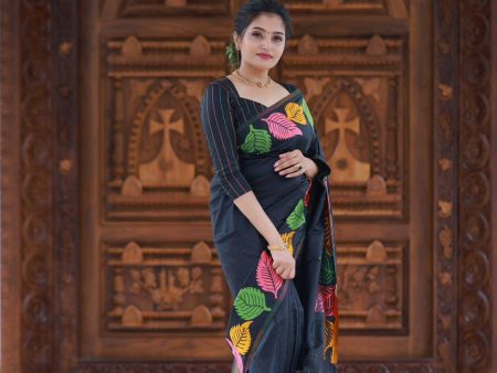 Black Pure Silk Woven Design Saree with Unstitched Blouse - A2M Online