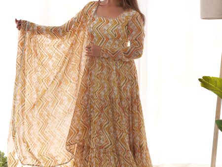 Lorenvalley Fashion Yellow Pure Faux Georgette Zigzag Print Fully Flair Anarkali Pant With Dupatta - Yellow Online