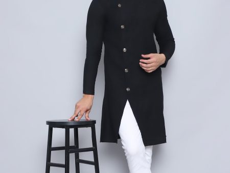 Even Apparels Men s Pure Cotton Black Sherwani Kurta Discount