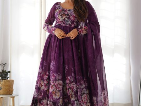 Lorenvalley Fashion Women Pure Soft Organza Silk Floral Print Fully Flair Anarkali With Pent Dupatta Set - Wine For Discount