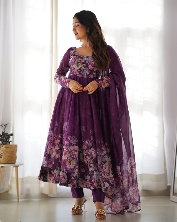 Lorenvalley Fashion Women Pure Soft Organza Silk Floral Print Fully Flair Anarkali With Pent Dupatta Set - Wine For Discount