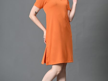 Myshka Women s Collared Neck Short Sleeves Ribbed A-Line Dress in Orange Color Cheap