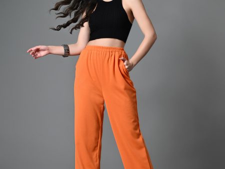 Myshka Women s Solid Ribbed High-Rise Wide Leg Casual Trousers in Orange Color Supply