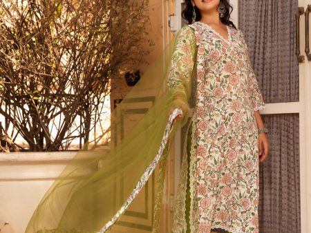 Pomcha Jaipur Gaurangi Floral Print Cotton Green Suit Set Sale