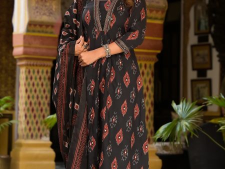 NOZ2TOZ Women Black Printed Viscose Rayon Kurta, Pant And Dupatta Set on Sale