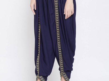 Cheera Women s Navy Viscose Rayon Dhoti With Golden Lace Fashion