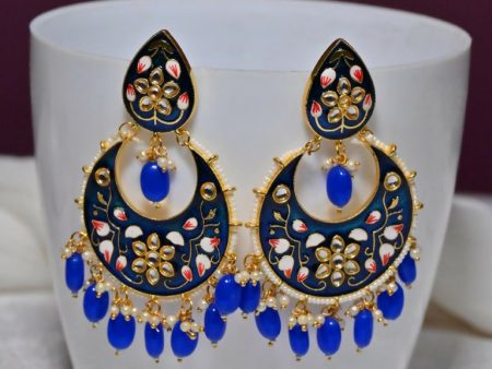 Royal Blue Gold Plated Brass & Pearl Dangle Women Earrings| Hand Painted Meenakari Chandbali Traditional Ethnic Wear Earrings By House of Ree Cheap