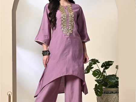 Myshka Women s Embroidered Keyhole Neck Bell Sleeves Kurta & Palazzos Sets in Lavender Color For Cheap