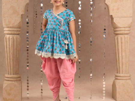 Lil Drama Jaipur Print Stylish Cotton Kurta with Dhoti Set for Girls - Blue For Sale