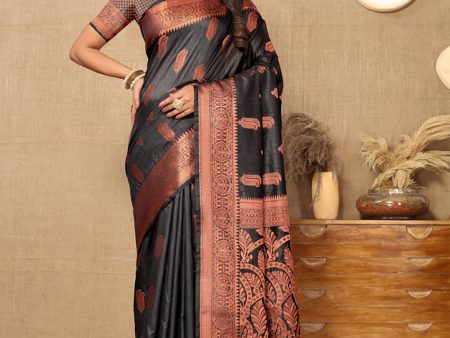 Lorenvalley Fashion Black Soft Katan Silk Woven Design Copper Zari Weaving Saree For Cheap