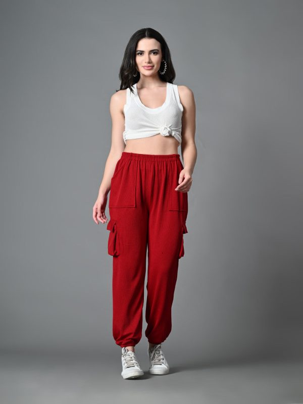 Myshka Women s Solid Ribbed High-Rise Cargo Style Casual Trousers in Maroon Color Hot on Sale