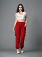 Myshka Women s Solid Ribbed High-Rise Cargo Style Casual Trousers in Maroon Color Hot on Sale