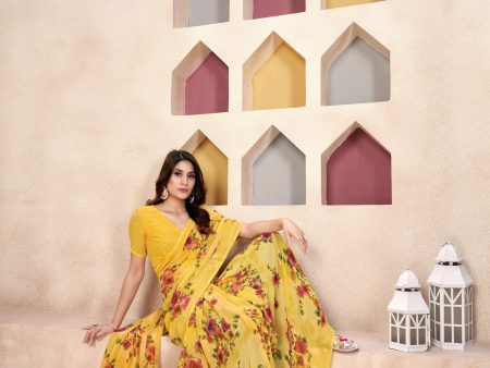 NOZ2TOZ Women Casual Wear Printed Weight Less Saree with Unstitched Blouse - Yellow Online